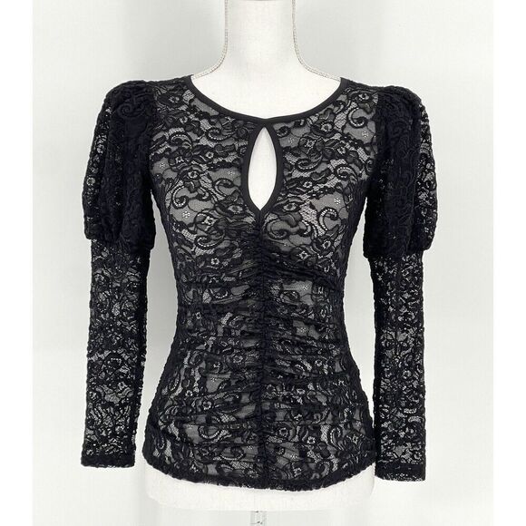 Smythe Juliet Keyhole Black Lace Blouse Long Puff Sleeve Ruched Womens Size S - Picture 1 of 5